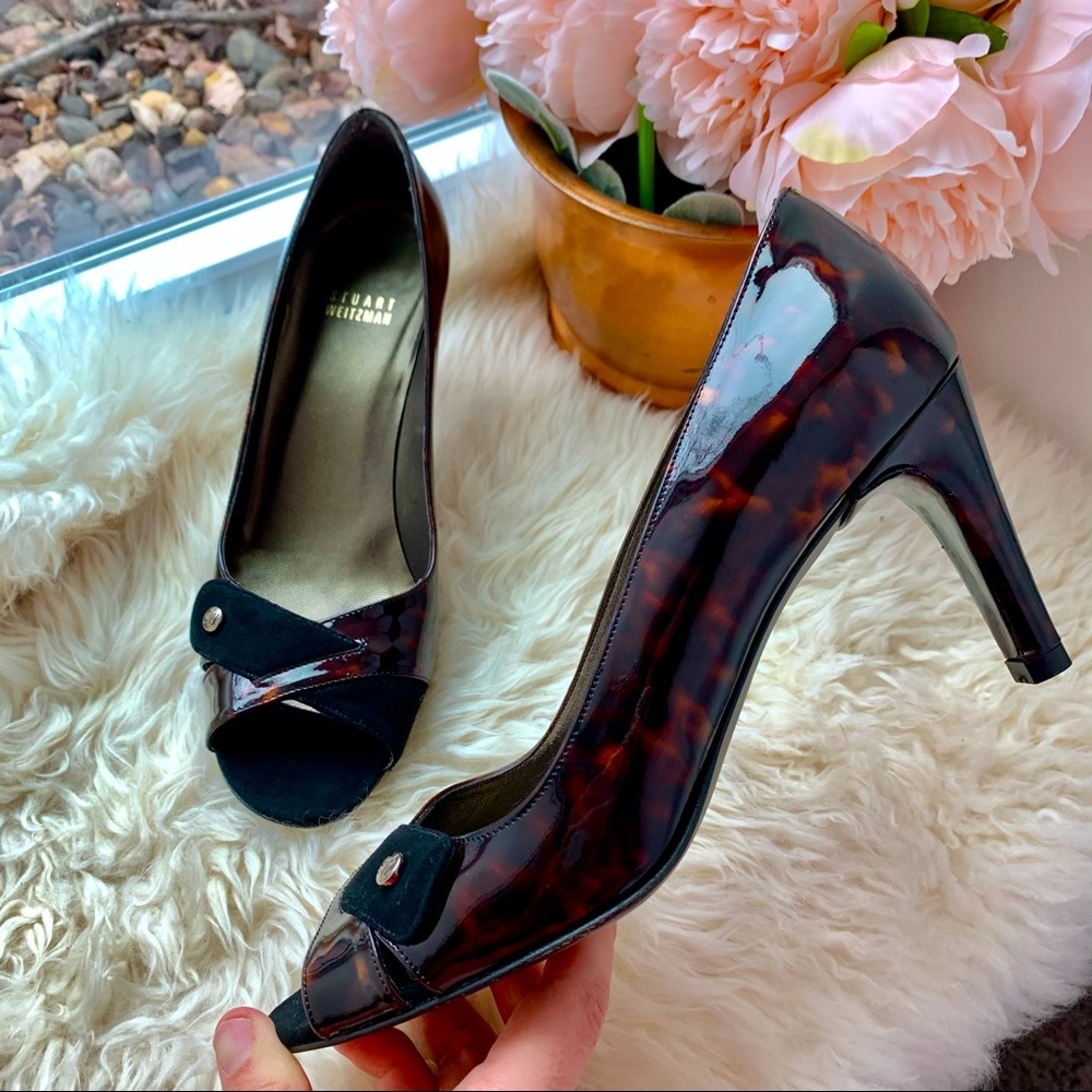 Stuart Weitzman Tortoise Leather Suede Heel Pumps